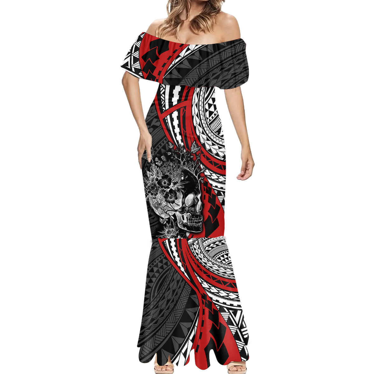 Personalised Polynesia Skull Mermaid Dress Tattoo In The Style Of Maori With Marine Life Red - Wonder Print Shop