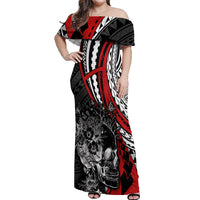 Personalised Polynesia Skull Off Shoulder Maxi Dress Tattoo In The Style Of Maori With Marine Life Red - Wonder Print Shop