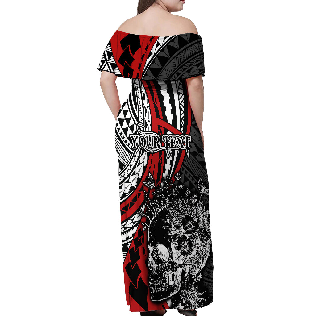 Personalised Polynesia Skull Off Shoulder Maxi Dress Tattoo In The Style Of Maori With Marine Life Red - Wonder Print Shop