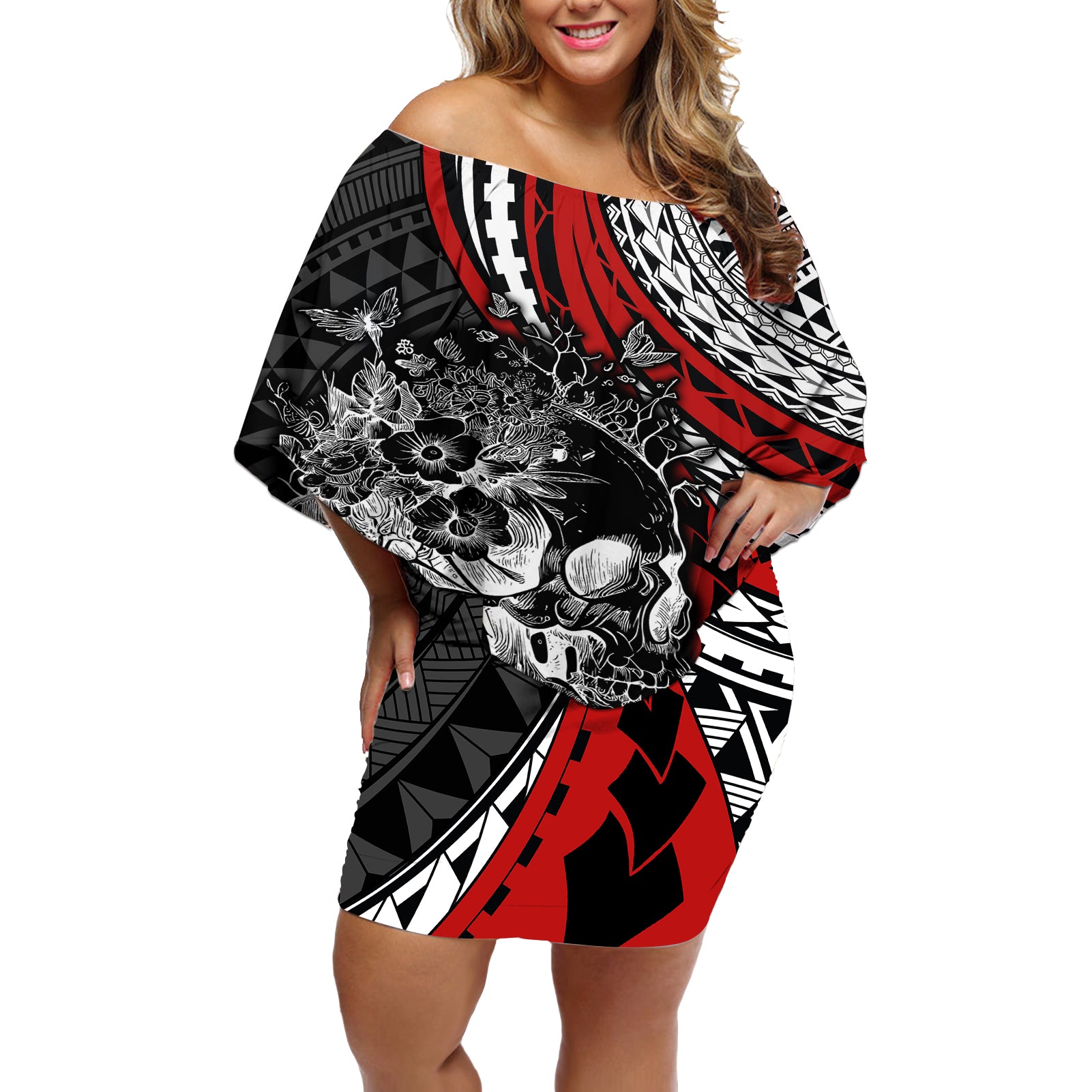 Personalised Polynesia Skull Off Shoulder Short Dress Tattoo In The Style Of Maori With Marine Life Red - Wonder Print Shop