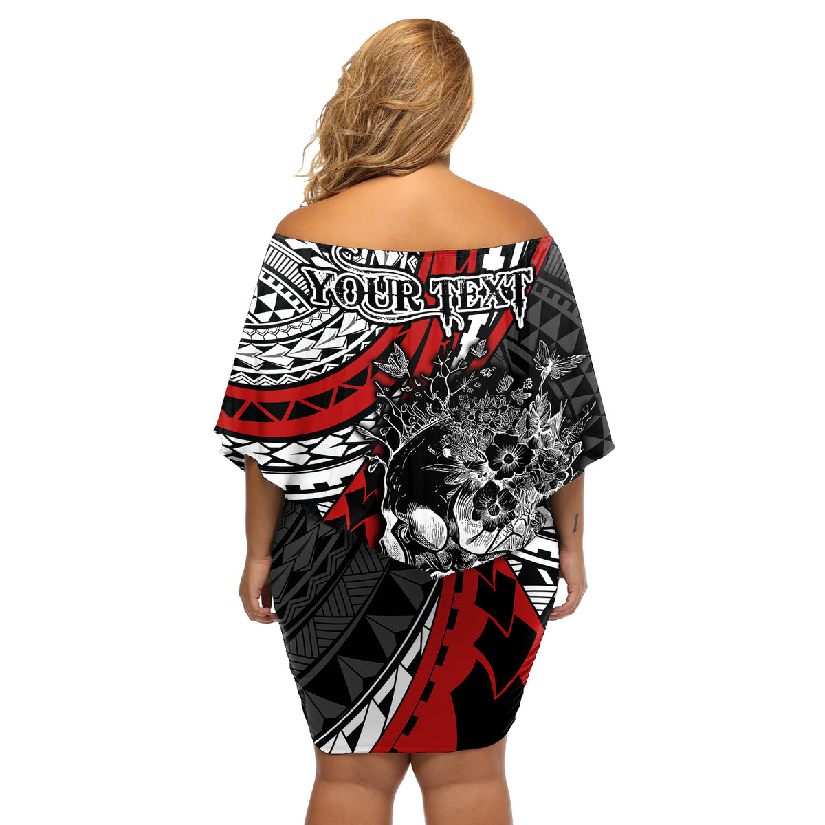 Personalised Polynesia Skull Off Shoulder Short Dress Tattoo In The Style Of Maori With Marine Life Red - Wonder Print Shop