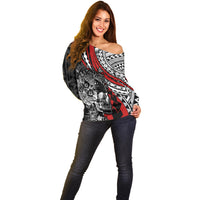 Personalised Polynesia Skull Off Shoulder Sweater Tattoo In The Style Of Maori With Marine Life Red - Wonder Print Shop