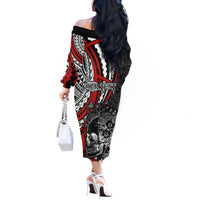 Personalised Polynesia Skull Off The Shoulder Long Sleeve Dress Tattoo In The Style Of Maori With Marine Life Red - Wonder Print Shop