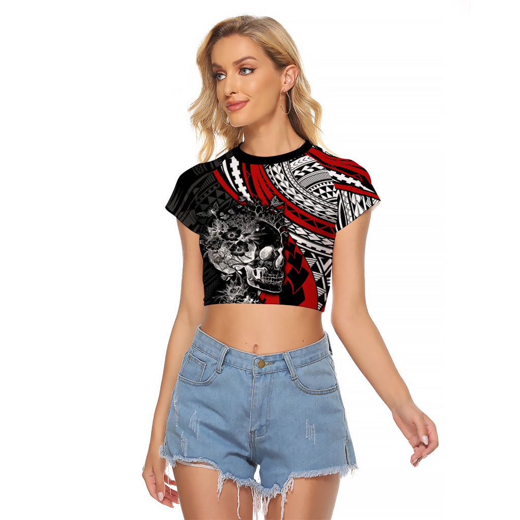 Personalised Polynesia Skull Raglan Cropped T Shirt Tattoo In The Style Of Maori With Marine Life Red - Wonder Print Shop