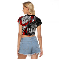 Personalised Polynesia Skull Raglan Cropped T Shirt Tattoo In The Style Of Maori With Marine Life Red - Wonder Print Shop