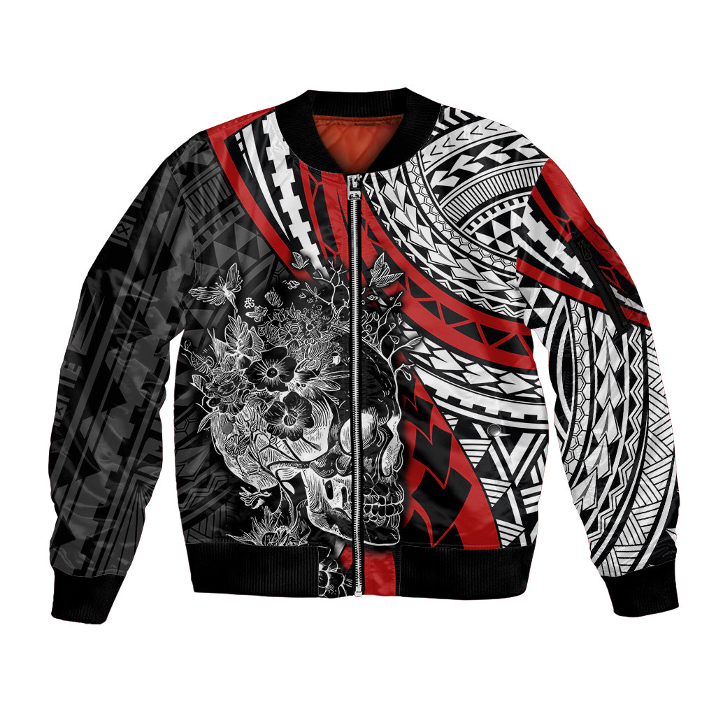 Personalised Polynesia Skull Sleeve Zip Bomber Jacket Tattoo In The Style Of Maori With Marine Life Red - Wonder Print Shop