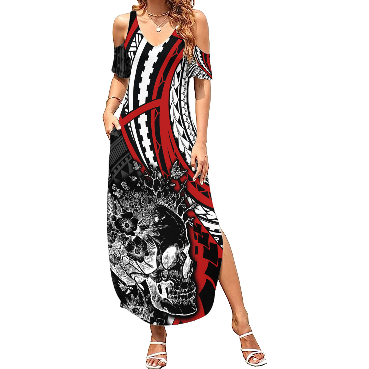Personalised Polynesia Skull Summer Maxi Dress Tattoo In The Style Of Maori With Marine Life Red - Wonder Print Shop