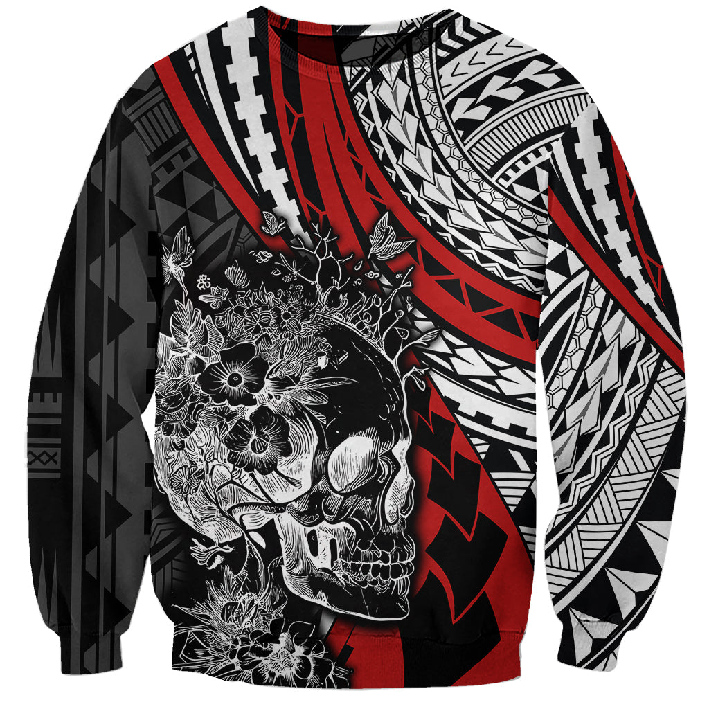 Personalised Polynesia Skull Sweatshirt Tattoo In The Style Of Maori With Marine Life Red - Wonder Print Shop