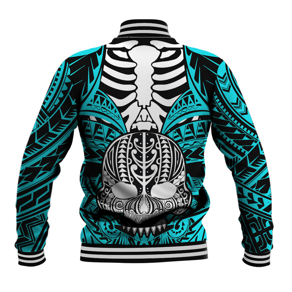 Personalised Polynesia Skull Baseball Jacket With Boars Tusk Aqua Arty Vibe LT9 - Wonder Print Shop