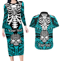Personalised Polynesia Skull Couples Matching Long Sleeve Bodycon Dress and Hawaiian Shirt With Boars Tusk Aqua Arty Vibe LT9 - Wonder Print Shop