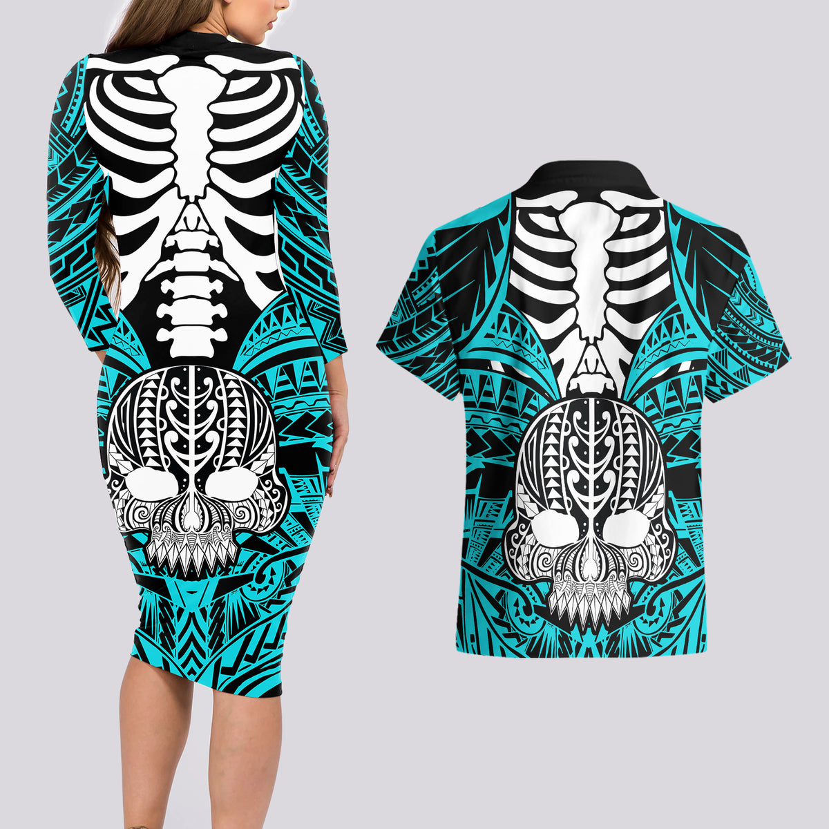 Personalised Polynesia Skull Couples Matching Long Sleeve Bodycon Dress and Hawaiian Shirt With Boars Tusk Aqua Arty Vibe LT9 - Wonder Print Shop