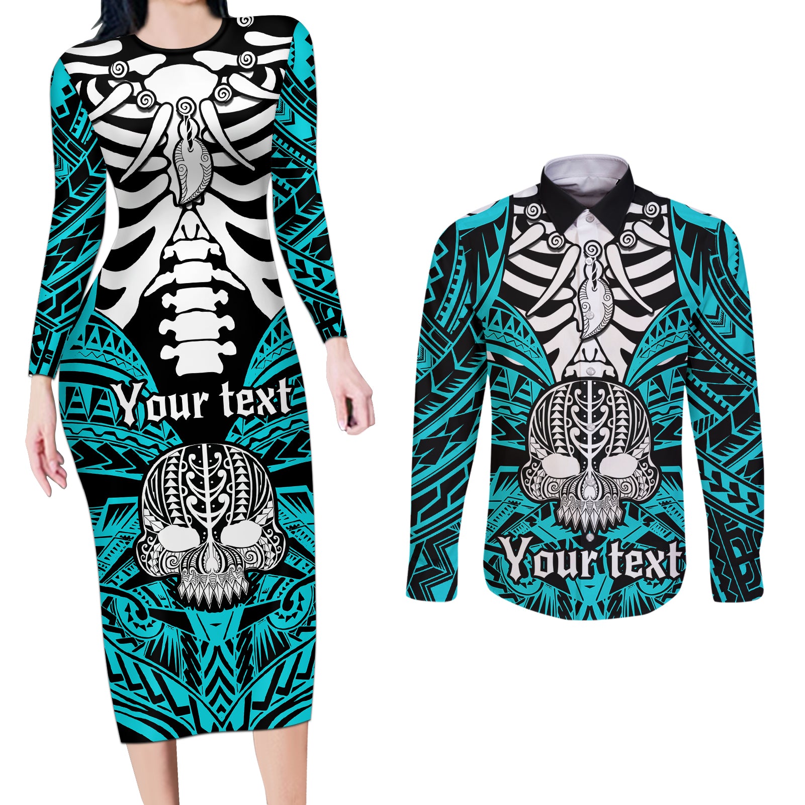 Personalised Polynesia Skull Couples Matching Long Sleeve Bodycon Dress and Long Sleeve Button Shirts With Boars Tusk Aqua Arty Vibe LT9 - Wonder Print Shop