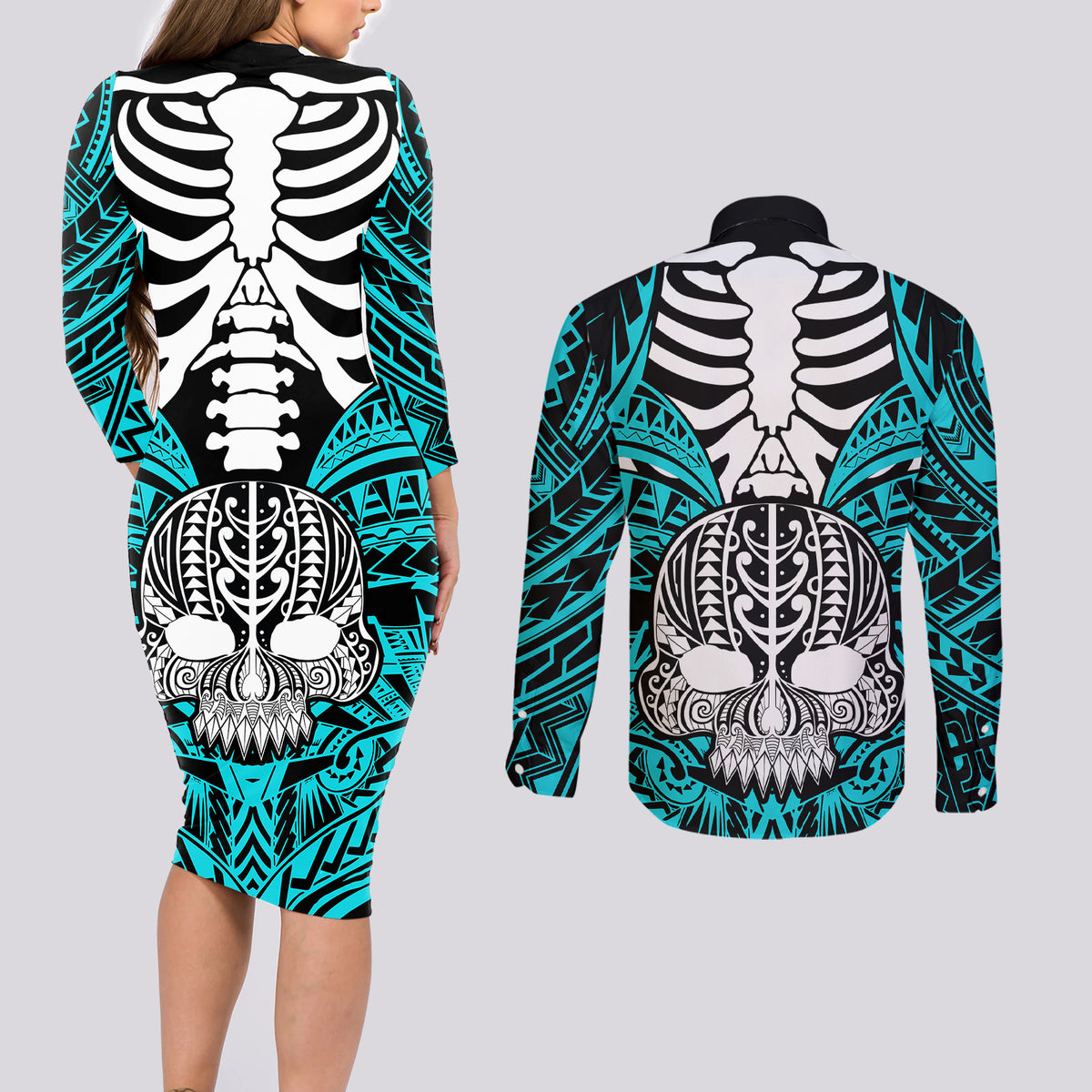 Personalised Polynesia Skull Couples Matching Long Sleeve Bodycon Dress and Long Sleeve Button Shirts With Boars Tusk Aqua Arty Vibe LT9 - Wonder Print Shop