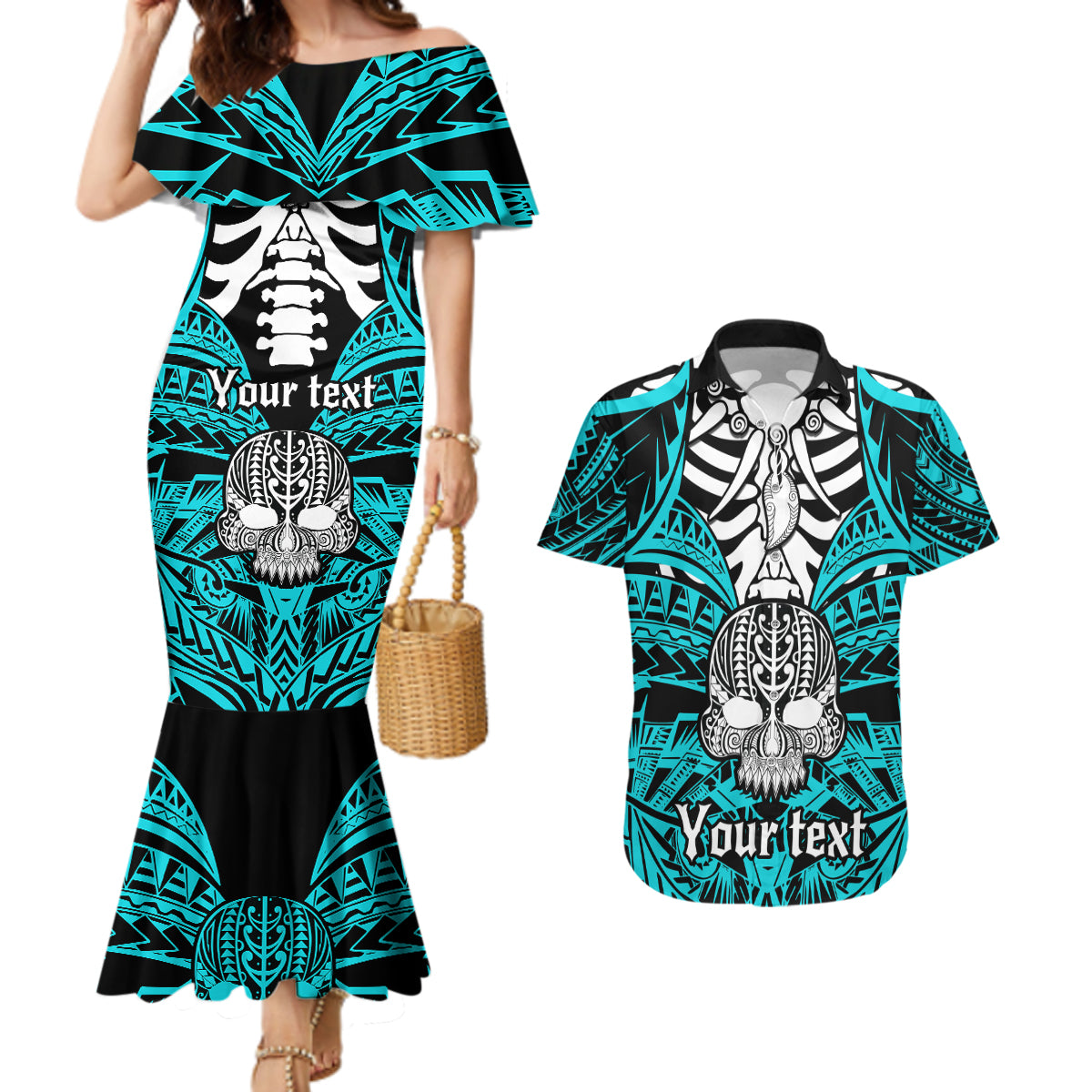 Personalised Polynesia Skull Couples Matching Mermaid Dress and Hawaiian Shirt With Boars Tusk Aqua Arty Vibe LT9 - Wonder Print Shop