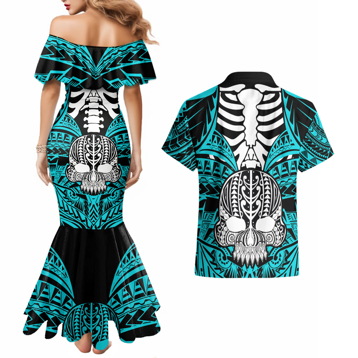Personalised Polynesia Skull Couples Matching Mermaid Dress and Hawaiian Shirt With Boars Tusk Aqua Arty Vibe LT9 - Wonder Print Shop
