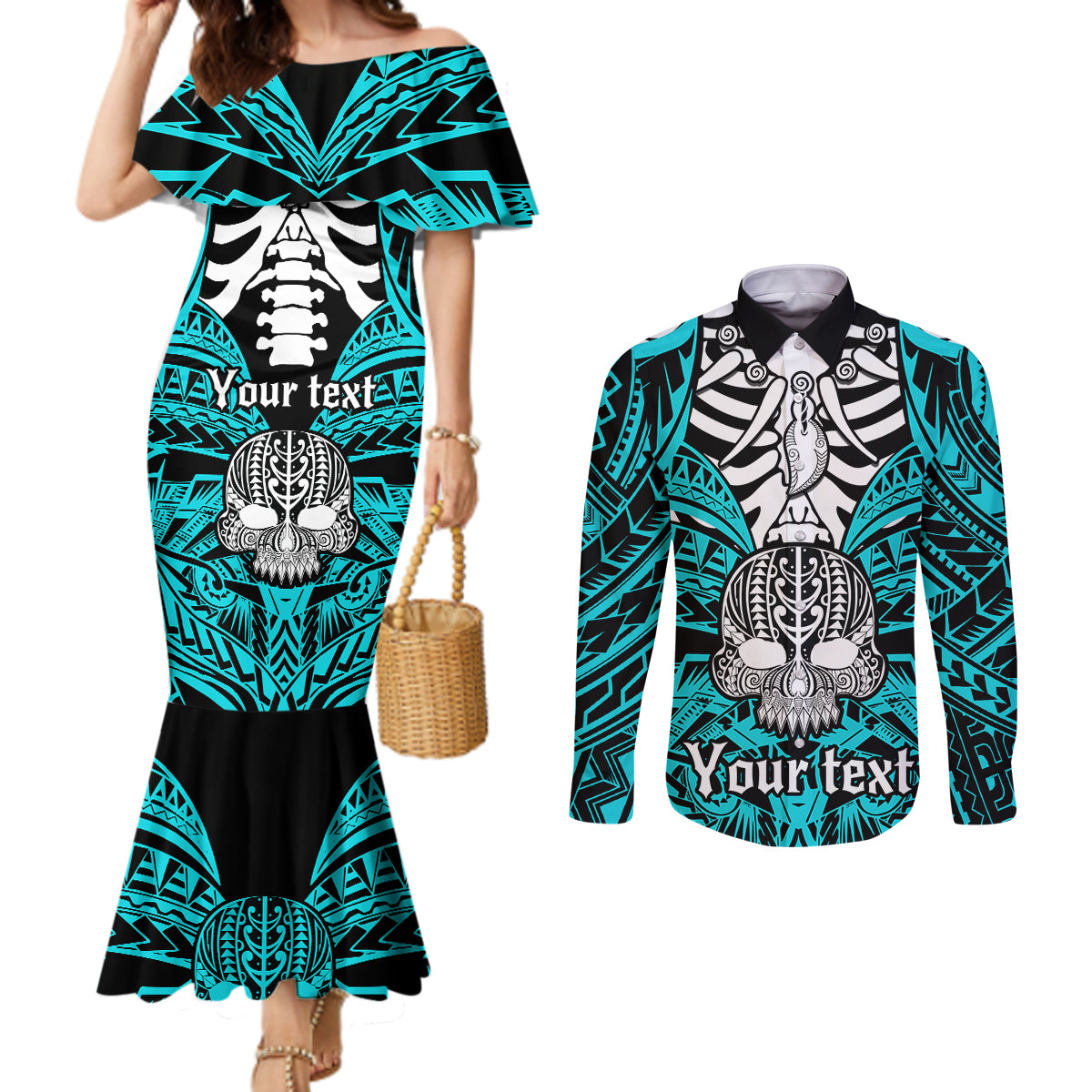 personalised-polynesia-skull-couples-matching-mermaid-dress-and-long-sleeve-button-shirts-with-boars-tusk-aqua-arty-vibe