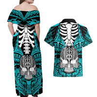 Personalised Polynesia Skull Couples Matching Off Shoulder Maxi Dress and Hawaiian Shirt With Boars Tusk Aqua Arty Vibe LT9 - Wonder Print Shop