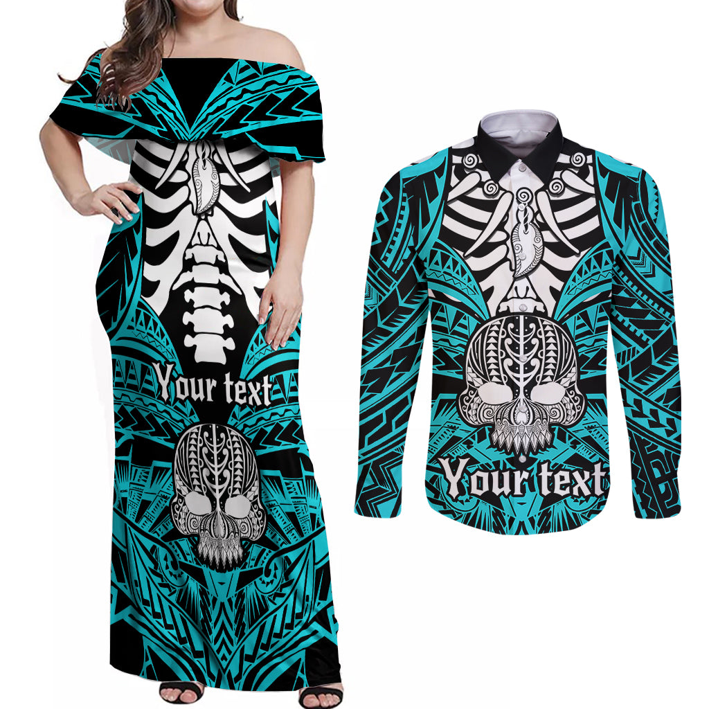 Personalised Polynesia Skull Couples Matching Off Shoulder Maxi Dress and Long Sleeve Button Shirts With Boars Tusk Aqua Arty Vibe LT9 - Wonder Print Shop