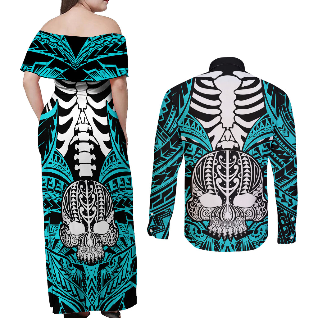 Personalised Polynesia Skull Couples Matching Off Shoulder Maxi Dress and Long Sleeve Button Shirts With Boars Tusk Aqua Arty Vibe LT9 - Wonder Print Shop