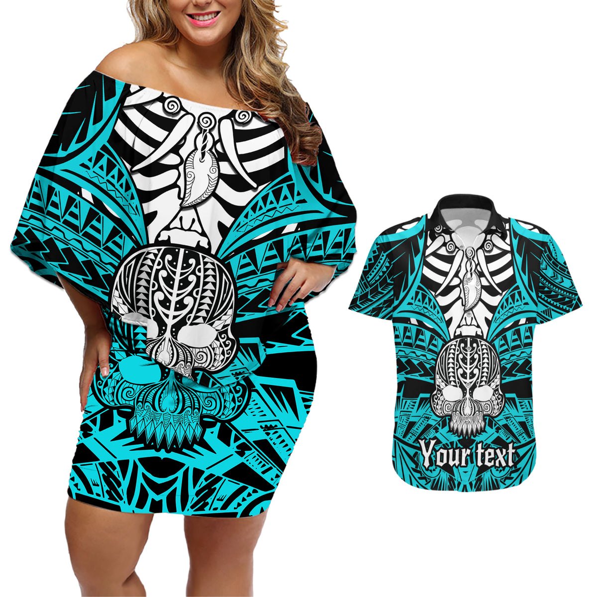 Personalised Polynesia Skull Couples Matching Off Shoulder Short Dress and Hawaiian Shirt With Boars Tusk Aqua Arty Vibe LT9 - Wonder Print Shop
