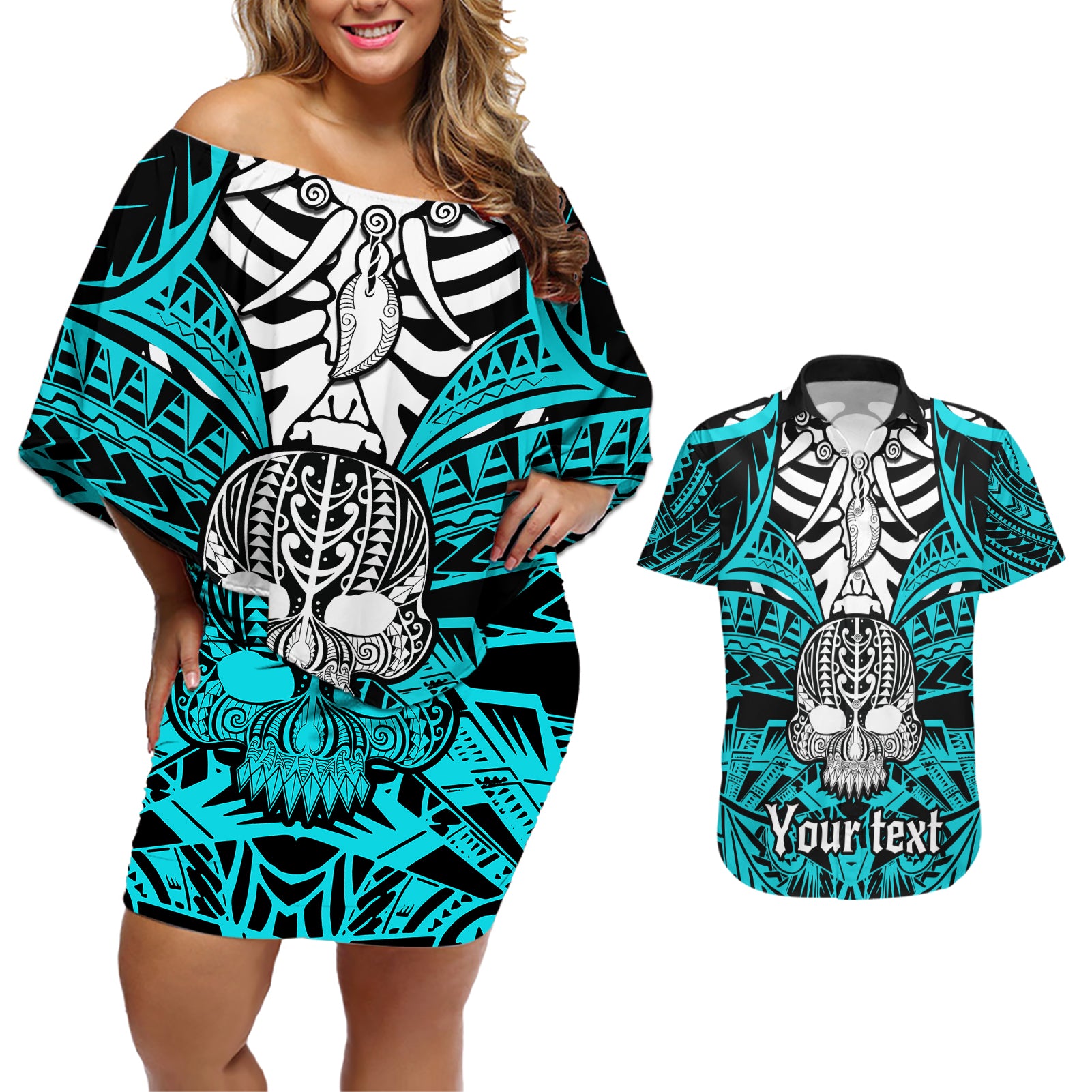 Personalised Polynesia Skull Couples Matching Off Shoulder Short Dress and Hawaiian Shirt With Boars Tusk Aqua Arty Vibe LT9 - Wonder Print Shop