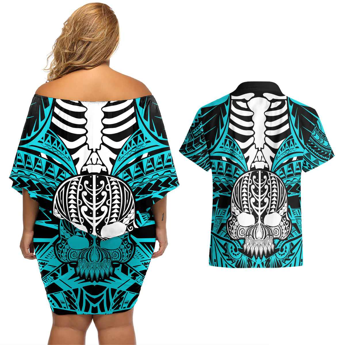 Personalised Polynesia Skull Couples Matching Off Shoulder Short Dress and Hawaiian Shirt With Boars Tusk Aqua Arty Vibe LT9 - Wonder Print Shop