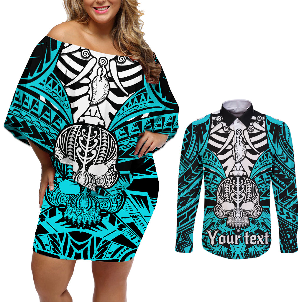Personalised Polynesia Skull Couples Matching Off Shoulder Short Dress and Long Sleeve Button Shirts With Boars Tusk Aqua Arty Vibe LT9 - Wonder Print Shop