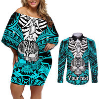 Personalised Polynesia Skull Couples Matching Off Shoulder Short Dress and Long Sleeve Button Shirts With Boars Tusk Aqua Arty Vibe LT9 - Wonder Print Shop