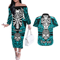 Personalised Polynesia Skull Couples Matching Off The Shoulder Long Sleeve Dress and Hawaiian Shirt With Boars Tusk Aqua Arty Vibe LT9 - Wonder Print Shop