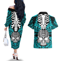 Personalised Polynesia Skull Couples Matching Off The Shoulder Long Sleeve Dress and Hawaiian Shirt With Boars Tusk Aqua Arty Vibe LT9 - Wonder Print Shop