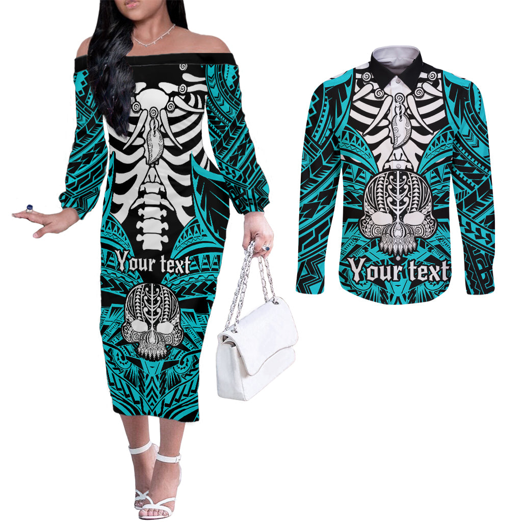 personalised-polynesia-skull-couples-matching-off-the-shoulder-long-sleeve-dress-and-long-sleeve-button-shirts-with-boars-tusk-aqua-arty-vibe