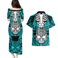 Personalised Polynesia Skull Couples Matching Puletasi Dress and Hawaiian Shirt With Boars Tusk Aqua Arty Vibe LT9 - Wonder Print Shop