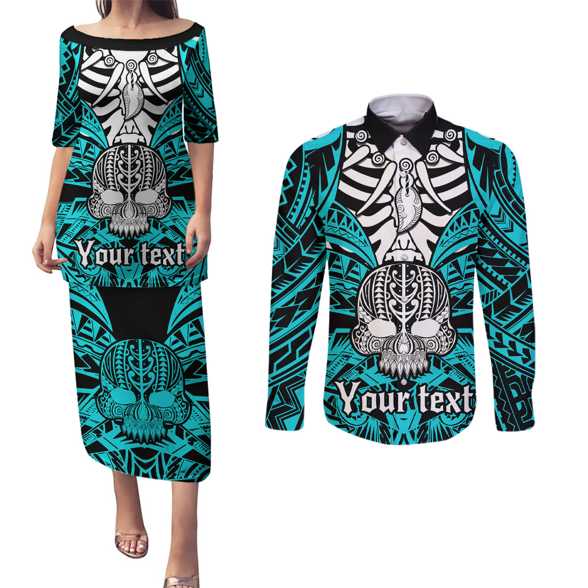 Personalised Polynesia Skull Couples Matching Puletasi Dress and Long Sleeve Button Shirts With Boars Tusk Aqua Arty Vibe LT9 - Wonder Print Shop