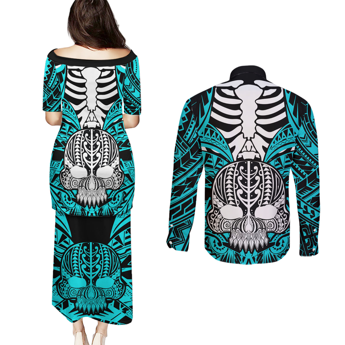 Personalised Polynesia Skull Couples Matching Puletasi Dress and Long Sleeve Button Shirts With Boars Tusk Aqua Arty Vibe LT9 - Wonder Print Shop