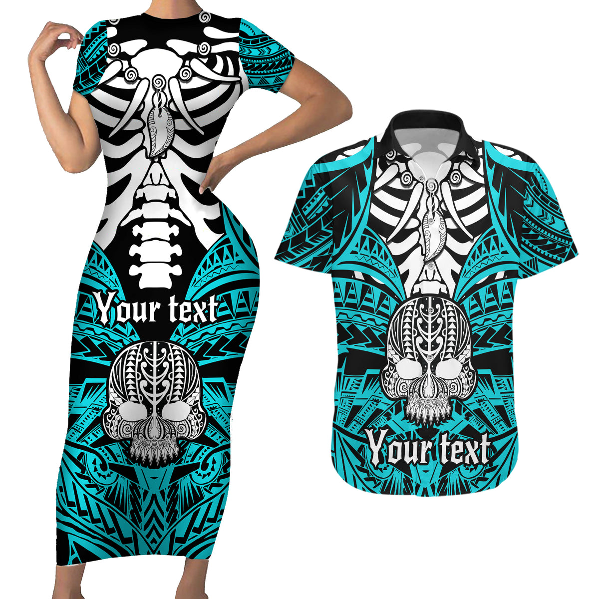 Personalised Polynesia Skull Couples Matching Short Sleeve Bodycon Dress and Hawaiian Shirt With Boars Tusk Aqua Arty Vibe LT9 - Wonder Print Shop