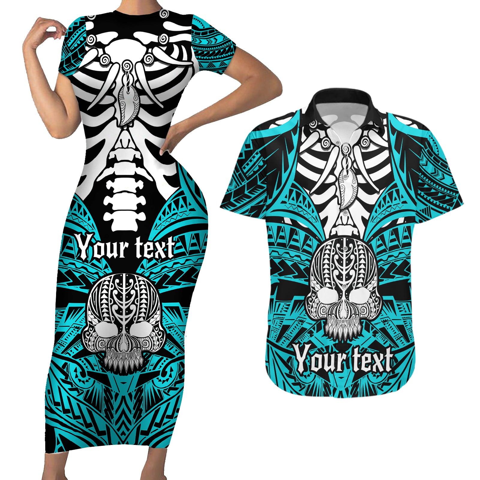 Personalised Polynesia Skull Couples Matching Short Sleeve Bodycon Dress and Hawaiian Shirt With Boars Tusk Aqua Arty Vibe LT9 - Wonder Print Shop