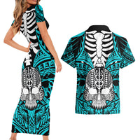 Personalised Polynesia Skull Couples Matching Short Sleeve Bodycon Dress and Hawaiian Shirt With Boars Tusk Aqua Arty Vibe LT9 - Wonder Print Shop