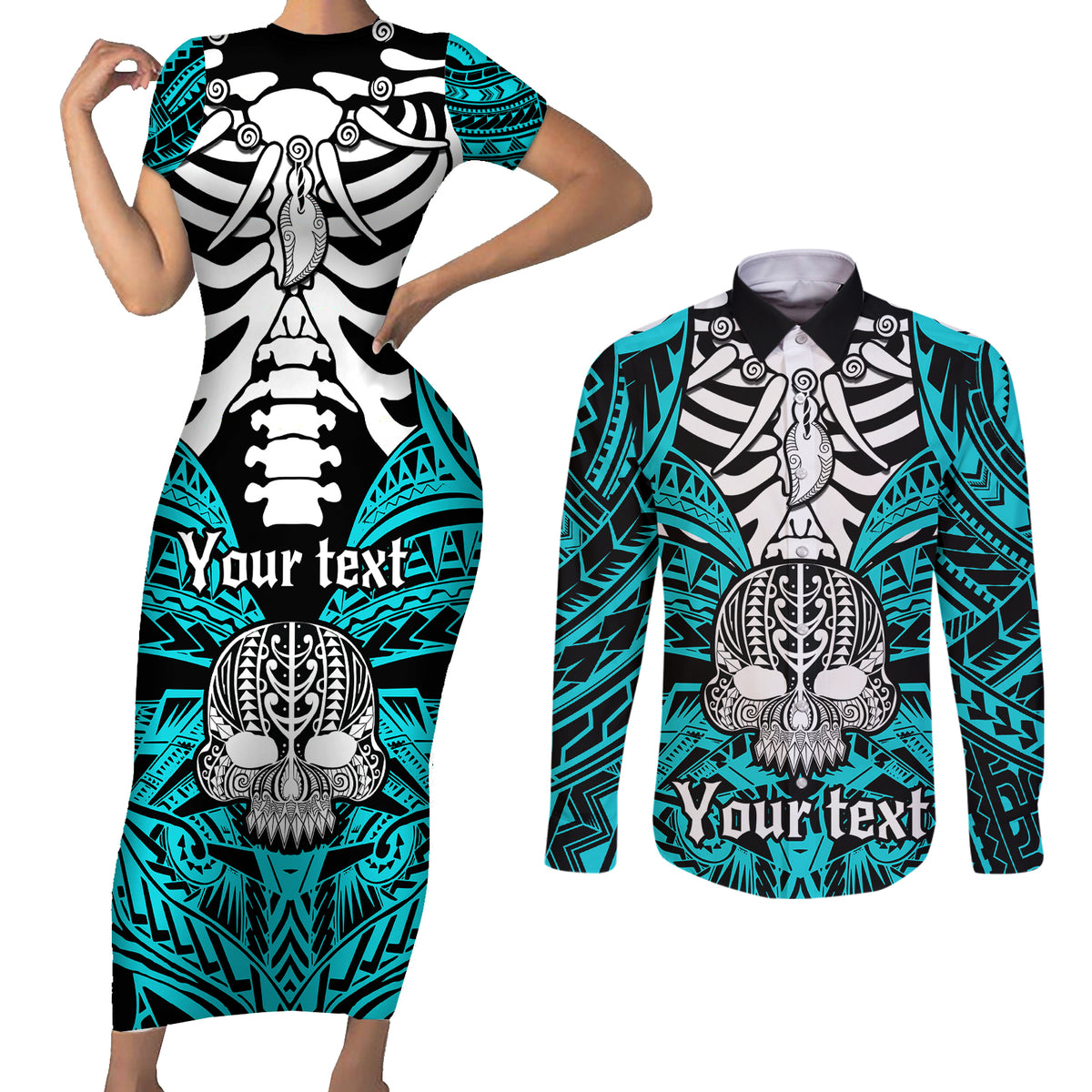 Personalised Polynesia Skull Couples Matching Short Sleeve Bodycon Dress and Long Sleeve Button Shirts With Boars Tusk Aqua Arty Vibe LT9 - Wonder Print Shop
