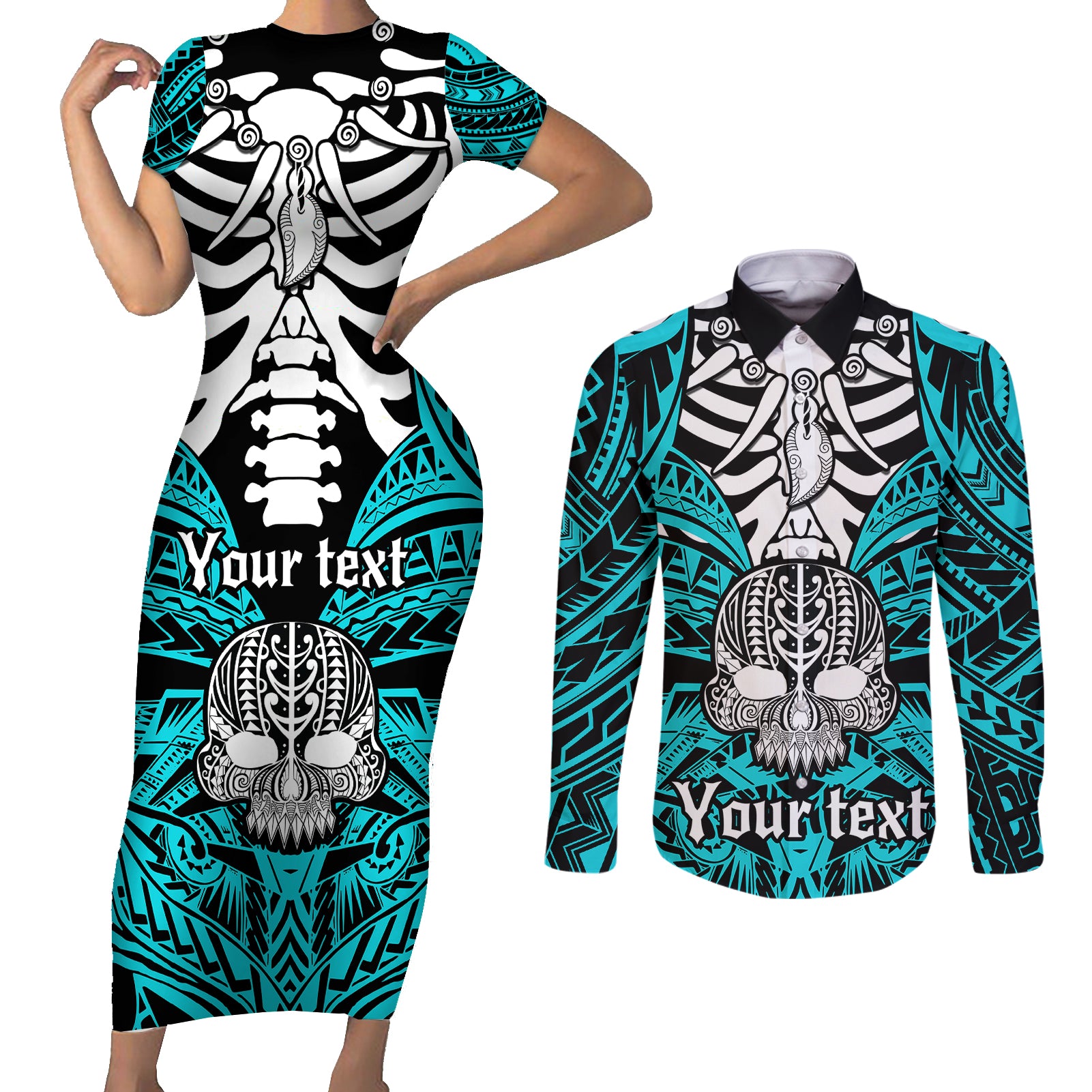 Personalised Polynesia Skull Couples Matching Short Sleeve Bodycon Dress and Long Sleeve Button Shirts With Boars Tusk Aqua Arty Vibe LT9 - Wonder Print Shop