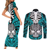 Personalised Polynesia Skull Couples Matching Short Sleeve Bodycon Dress and Long Sleeve Button Shirts With Boars Tusk Aqua Arty Vibe LT9 - Wonder Print Shop
