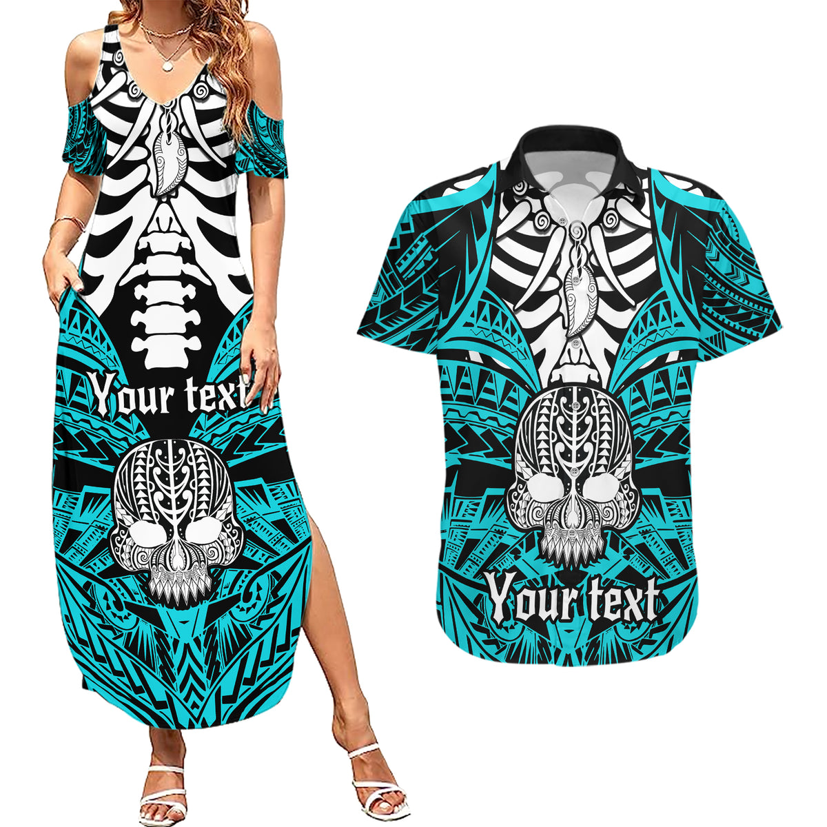 Personalised Polynesia Skull Couples Matching Summer Maxi Dress and Hawaiian Shirt With Boars Tusk Aqua Arty Vibe LT9 - Wonder Print Shop