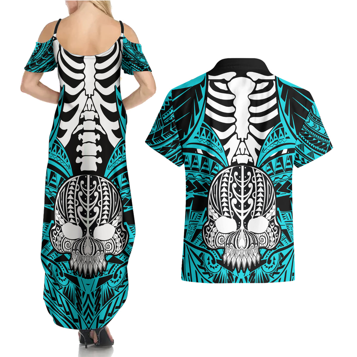 Personalised Polynesia Skull Couples Matching Summer Maxi Dress and Hawaiian Shirt With Boars Tusk Aqua Arty Vibe LT9 - Wonder Print Shop