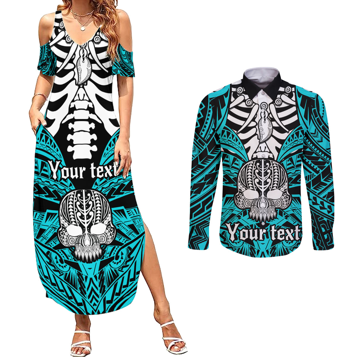 Personalised Polynesia Skull Couples Matching Summer Maxi Dress and Long Sleeve Button Shirts With Boars Tusk Aqua Arty Vibe LT9 - Wonder Print Shop