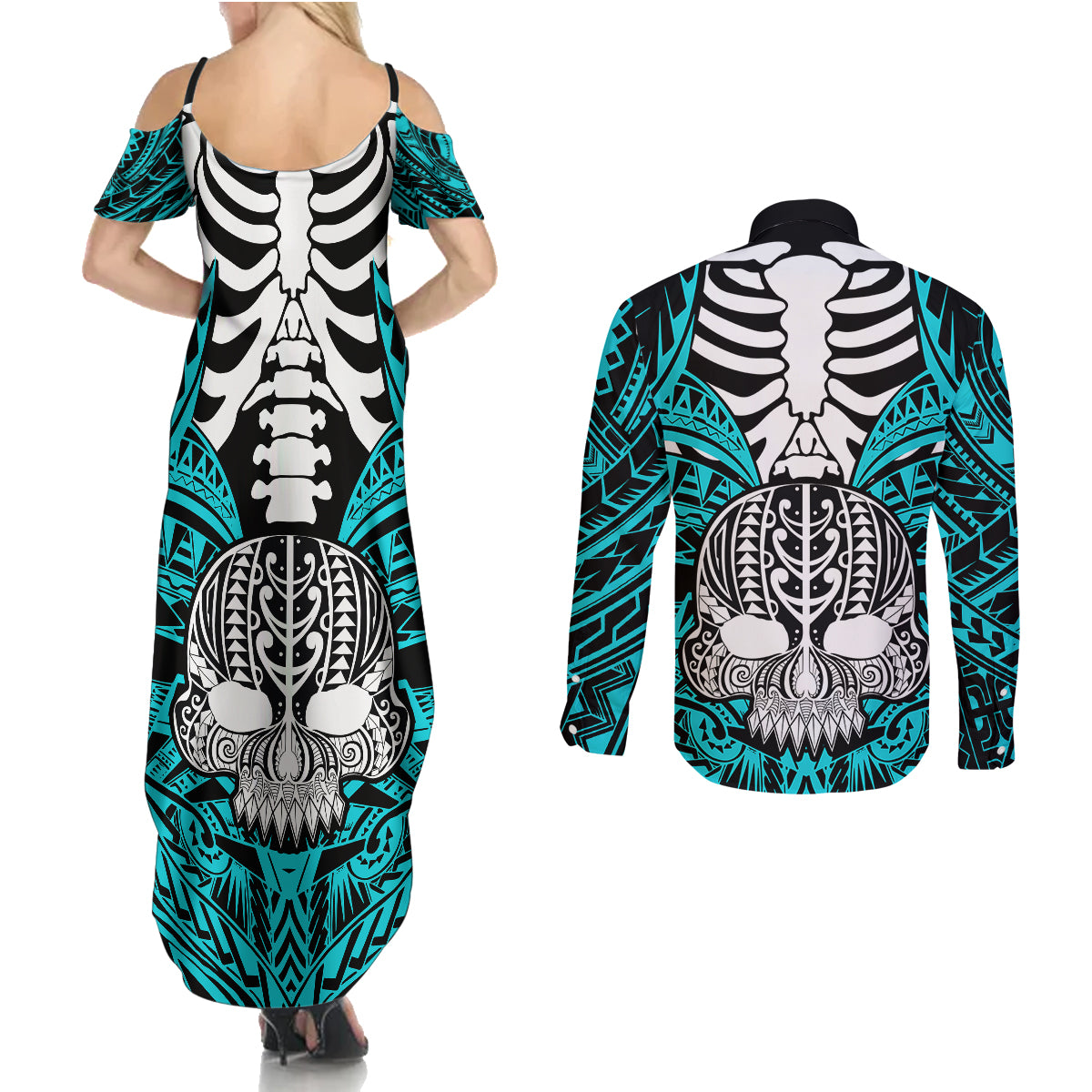 Personalised Polynesia Skull Couples Matching Summer Maxi Dress and Long Sleeve Button Shirts With Boars Tusk Aqua Arty Vibe LT9 - Wonder Print Shop