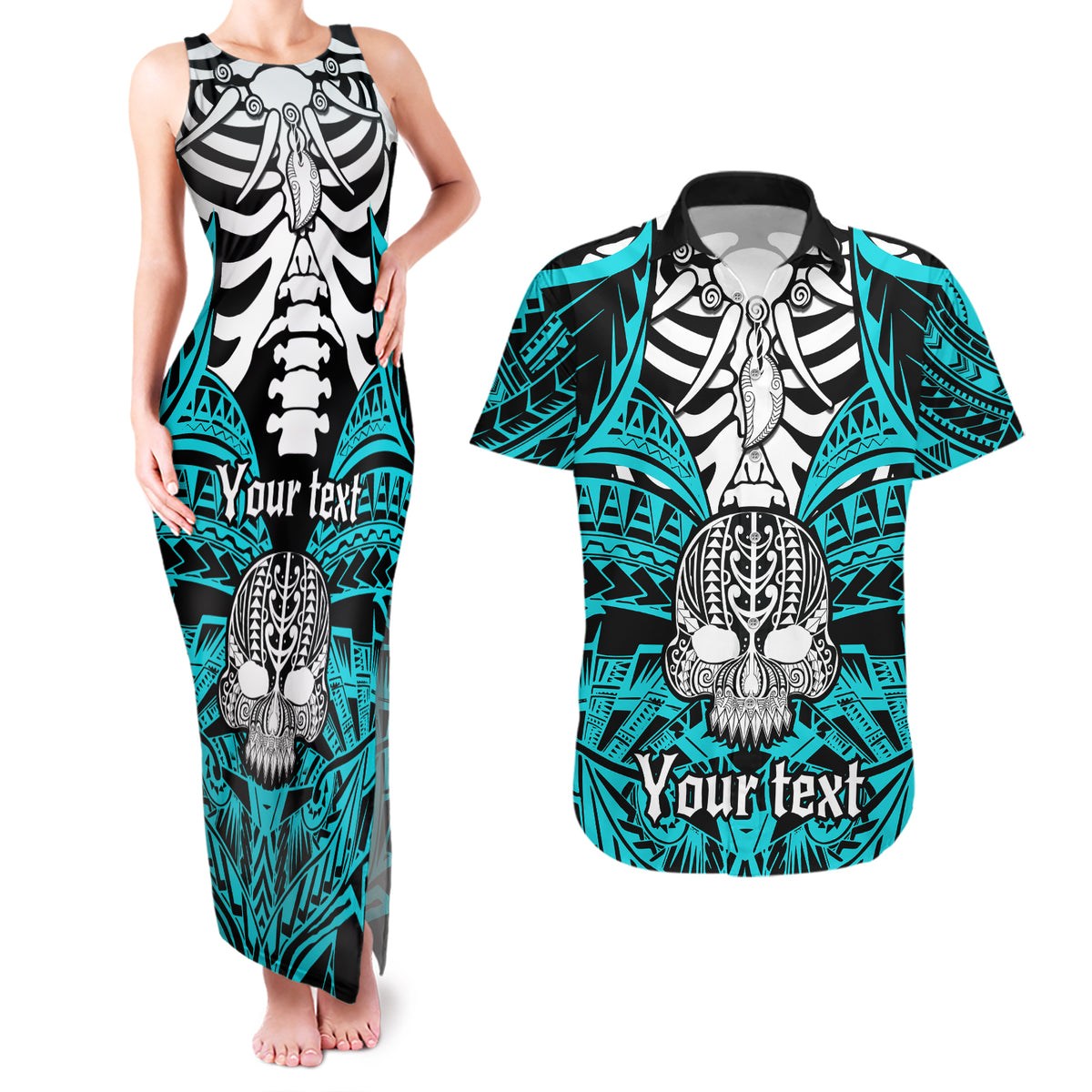 Personalised Polynesia Skull Couples Matching Tank Maxi Dress and Hawaiian Shirt With Boars Tusk Aqua Arty Vibe LT9 - Wonder Print Shop