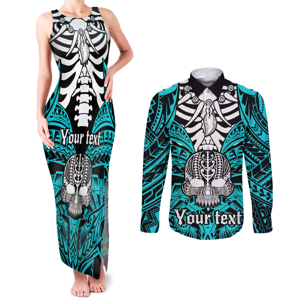 Personalised Polynesia Skull Couples Matching Tank Maxi Dress and Long Sleeve Button Shirts With Boars Tusk Aqua Arty Vibe LT9 - Wonder Print Shop