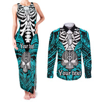 Personalised Polynesia Skull Couples Matching Tank Maxi Dress and Long Sleeve Button Shirts With Boars Tusk Aqua Arty Vibe LT9 - Wonder Print Shop