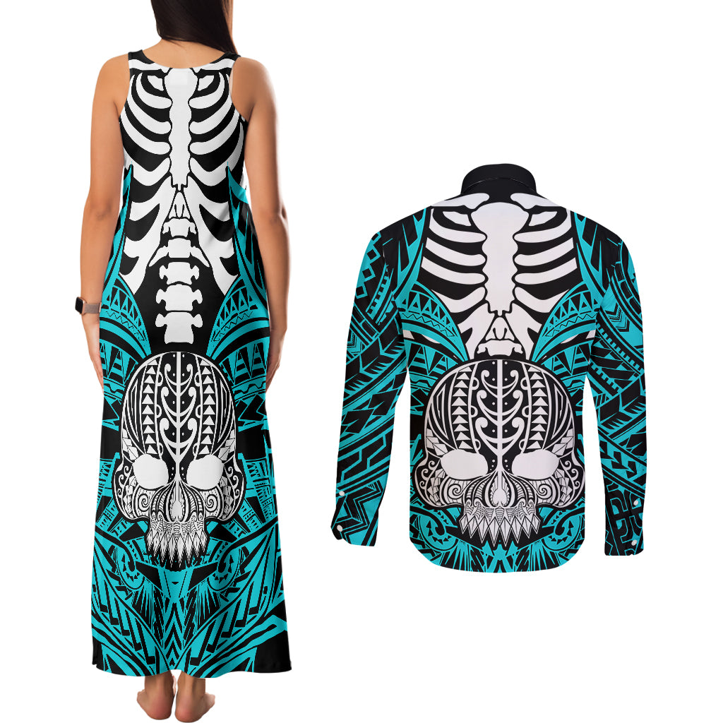 Personalised Polynesia Skull Couples Matching Tank Maxi Dress and Long Sleeve Button Shirts With Boars Tusk Aqua Arty Vibe LT9 - Wonder Print Shop