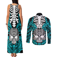 Personalised Polynesia Skull Couples Matching Tank Maxi Dress and Long Sleeve Button Shirts With Boars Tusk Aqua Arty Vibe LT9 - Wonder Print Shop
