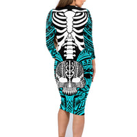 Personalised Polynesia Skull Family Matching Long Sleeve Bodycon Dress and Hawaiian Shirt With Boars Tusk Aqua Arty Vibe LT9 - Wonder Print Shop